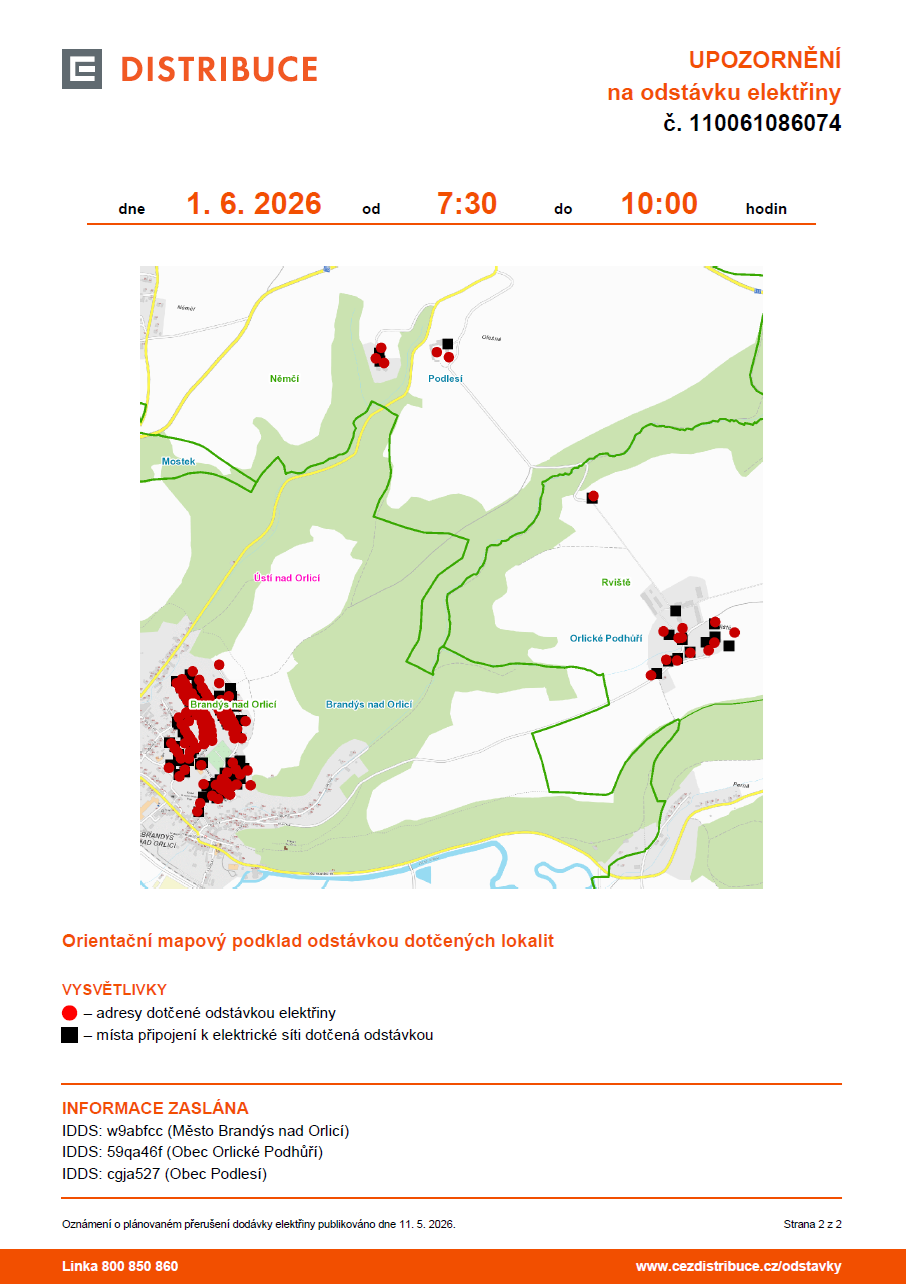 ČEZ odstávka 1.6.2026 Kaliště 1