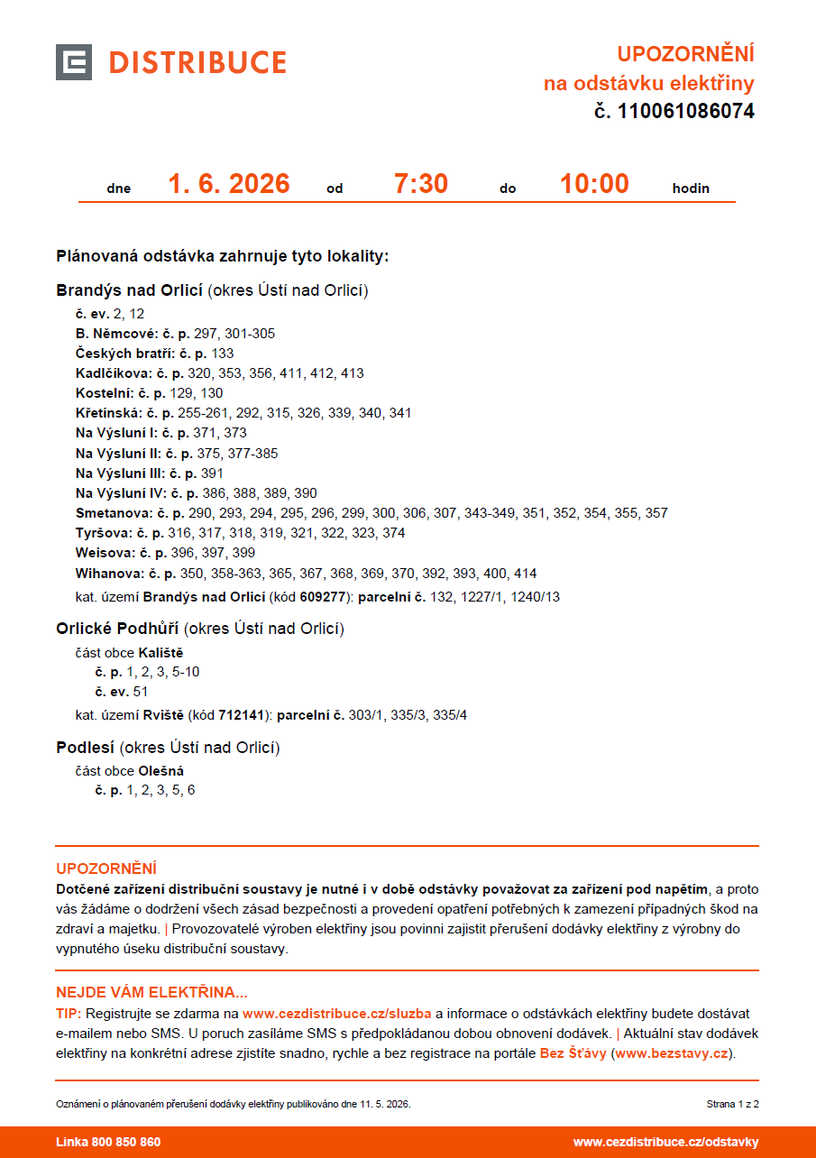 ČEZ odstávka 1.6.2026 Kaliště