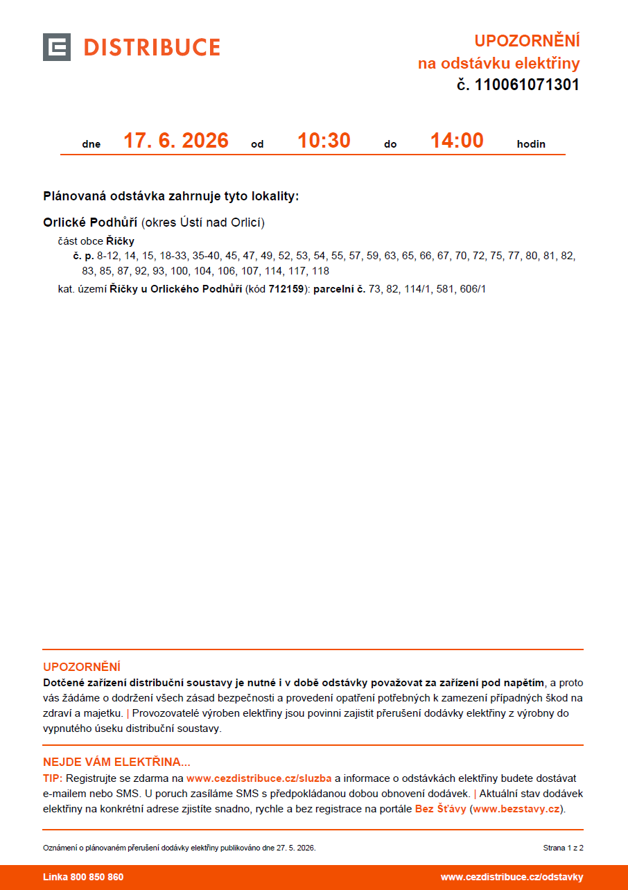 ČEZ odstávka 17.6.2026 Říčky 1