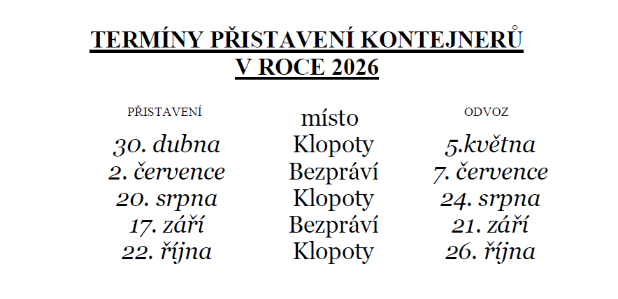 TERMÍNY ODVOZU KONTEJNERŮ Klopoty 2026