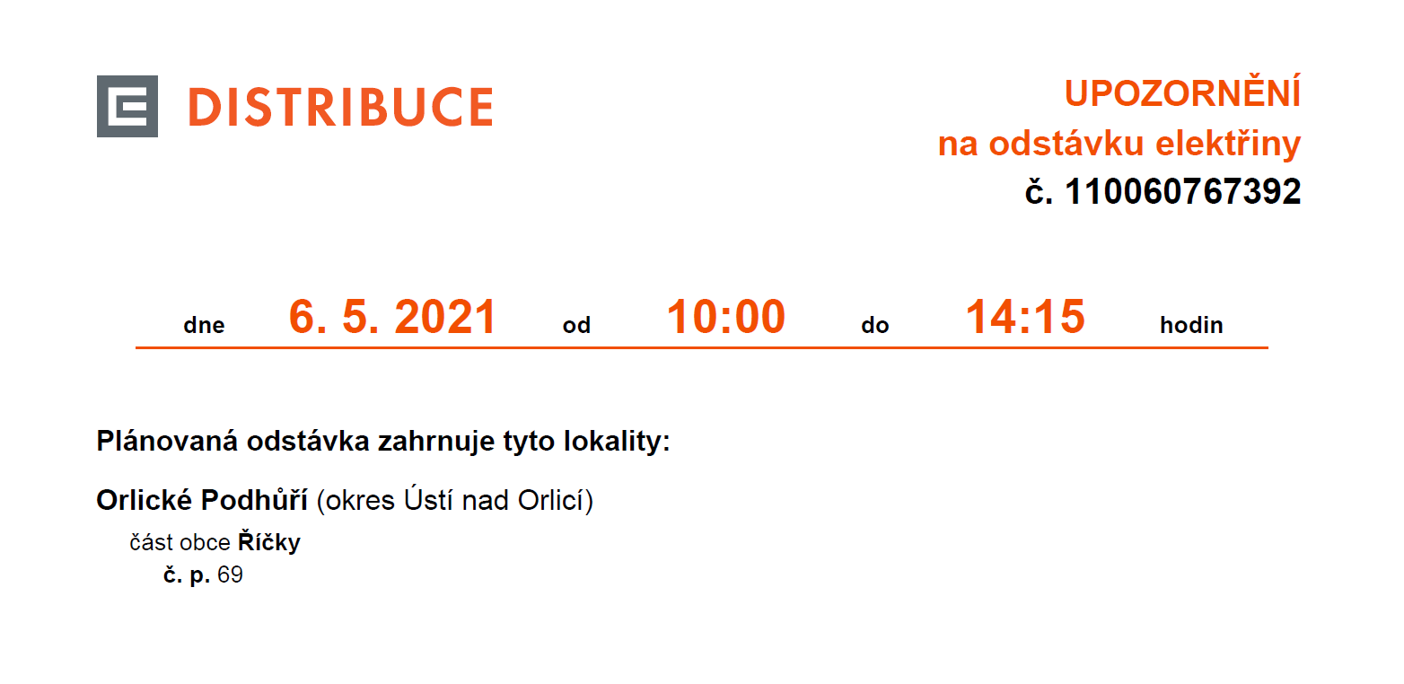 ČEZ odstávka elektřiny 6.5.2021 Říčky č. 69