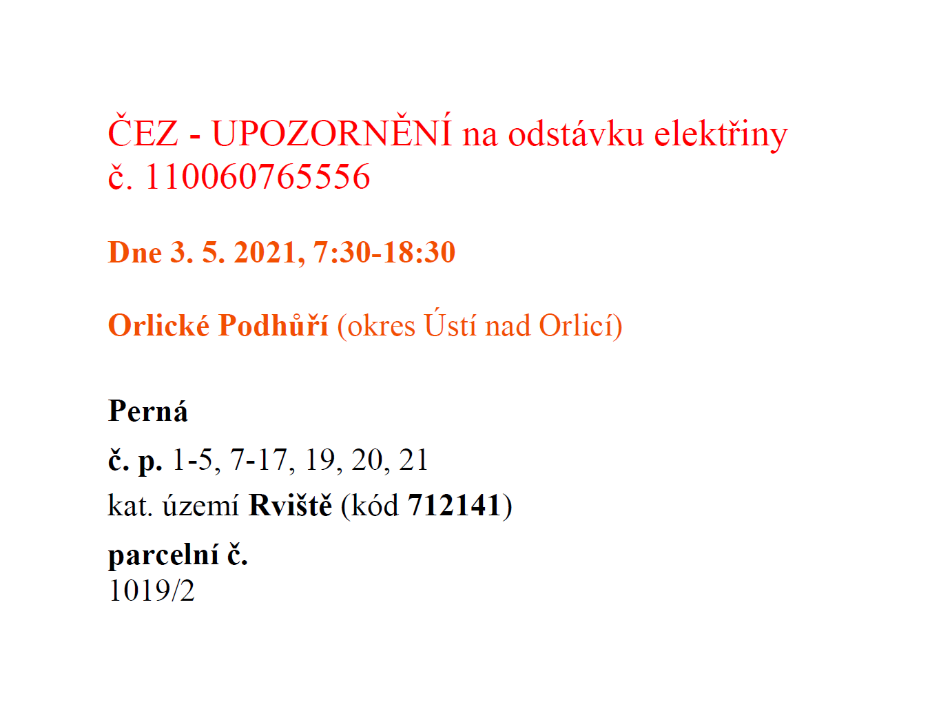 ČEZ odstávka 3.5.2021 Perná