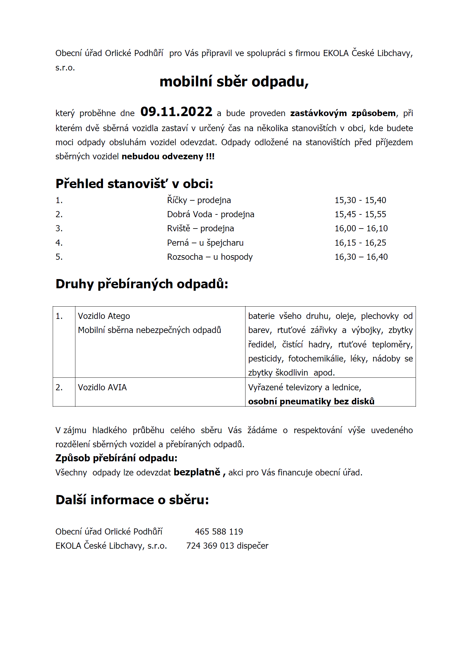 Mobilní sběr odpadu Orlické Podhůří 2022