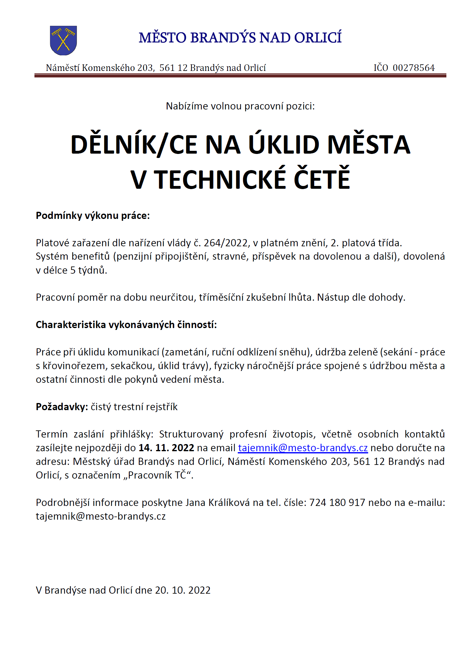 Nabídka volné pracovní pozice dělník dělnice na úklid města Brandýs nad Orlicí