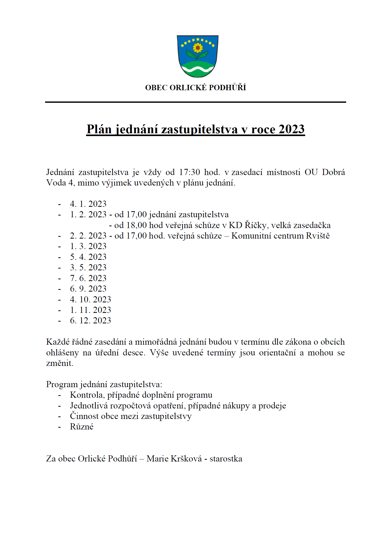 Plán jednaní zastupitelstva v roce 2023