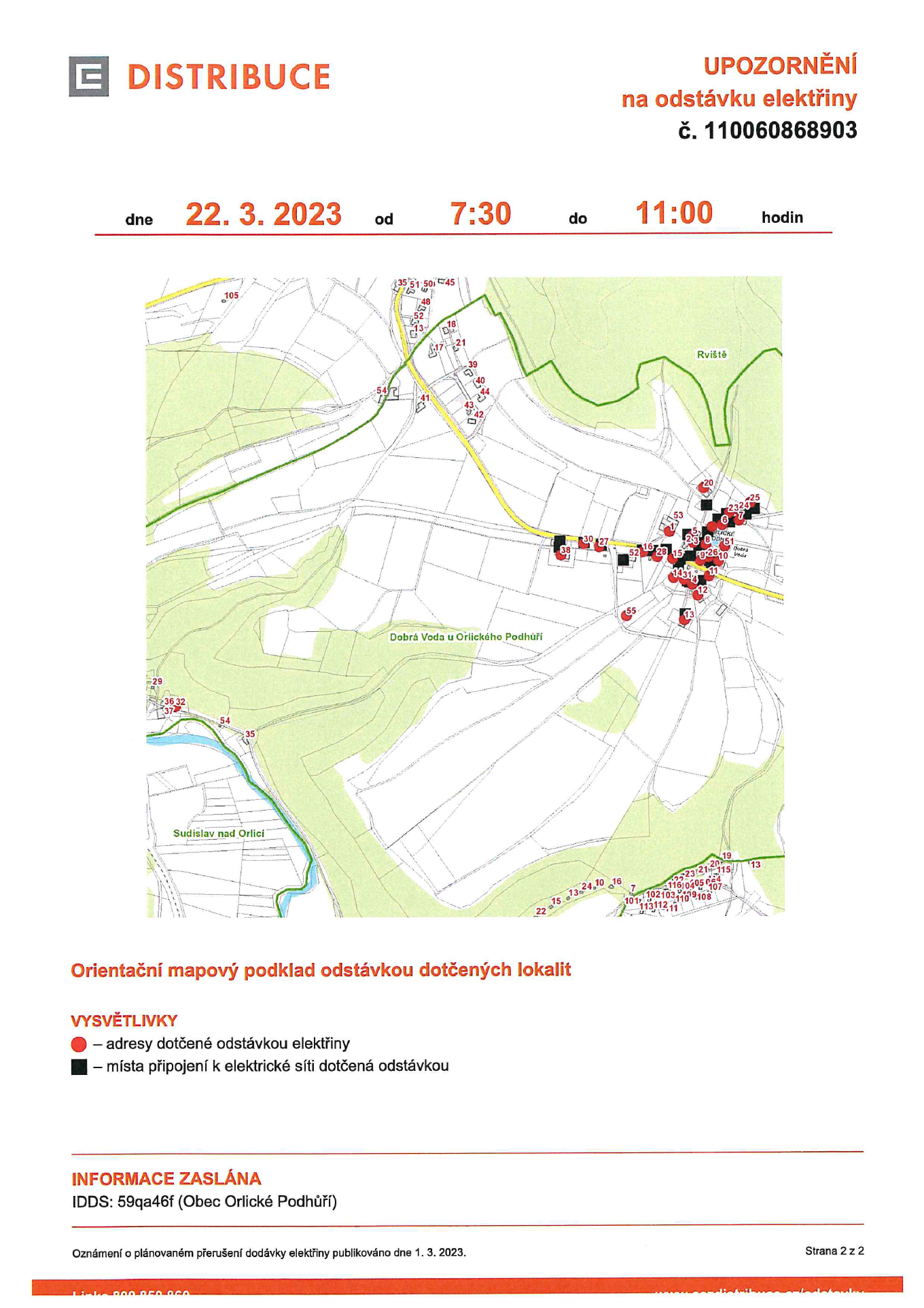 ČEZ odstávka elektřiny 22.3.2023 Dobrá Voda 2