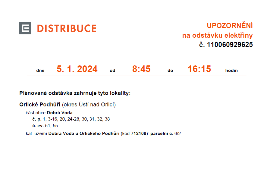 ČEZ odstávka elektřiny 5.1.2024 Dobrá Voda 1