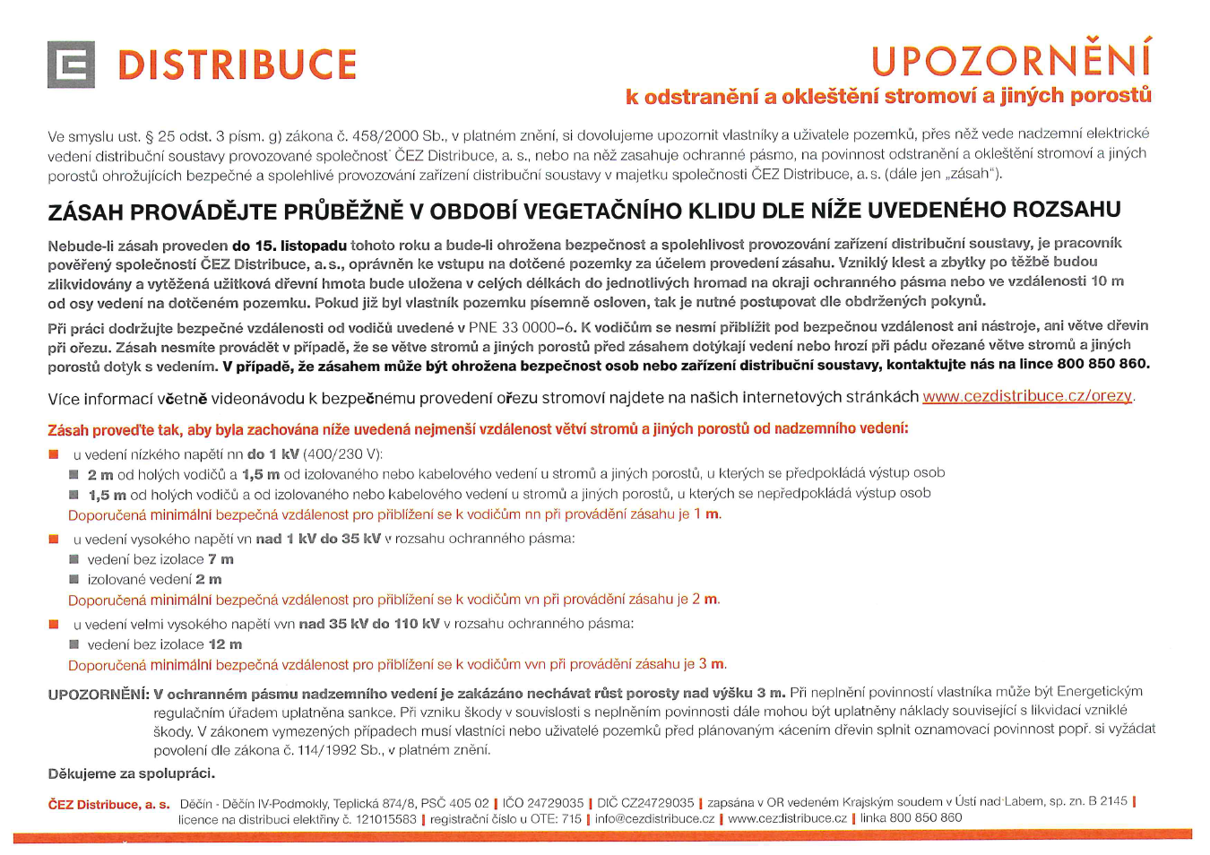 ČEZ upozornění k odstranění stromoví a porostů 2023