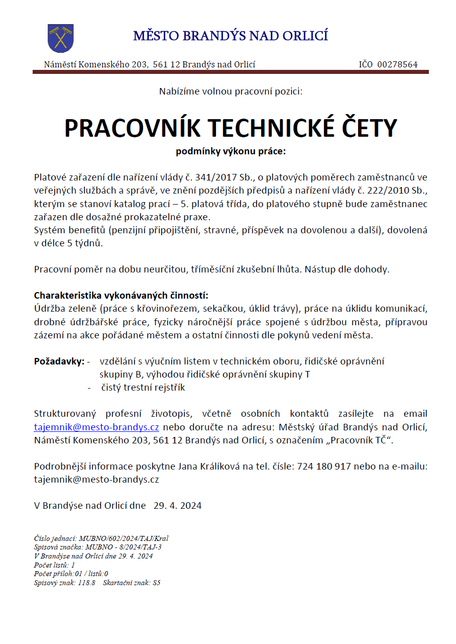 Nabidka volne pracovni pozice pracovnik technicke cety mesta Brandys nad Orlici