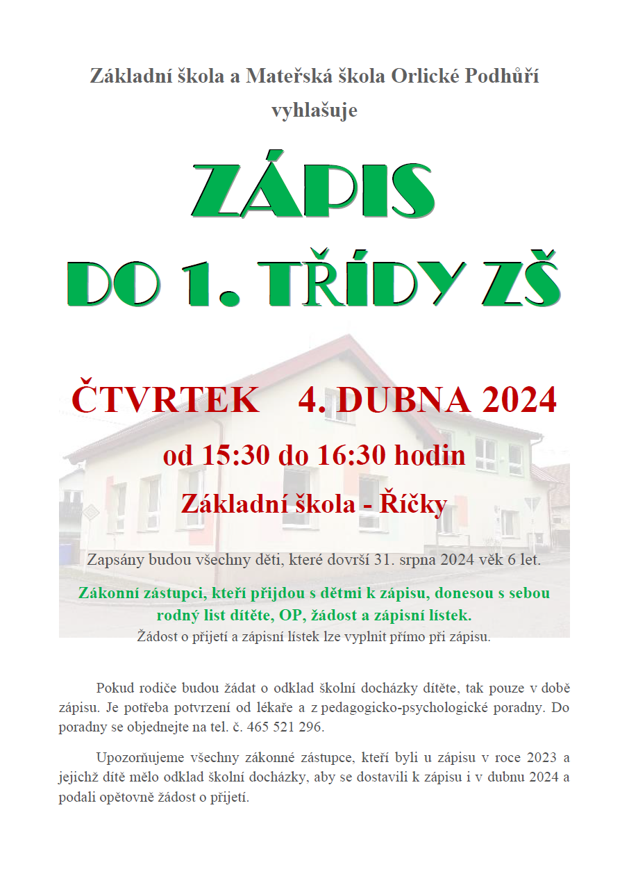 Zápis do 1. třídy ZŠ 4.4.2024