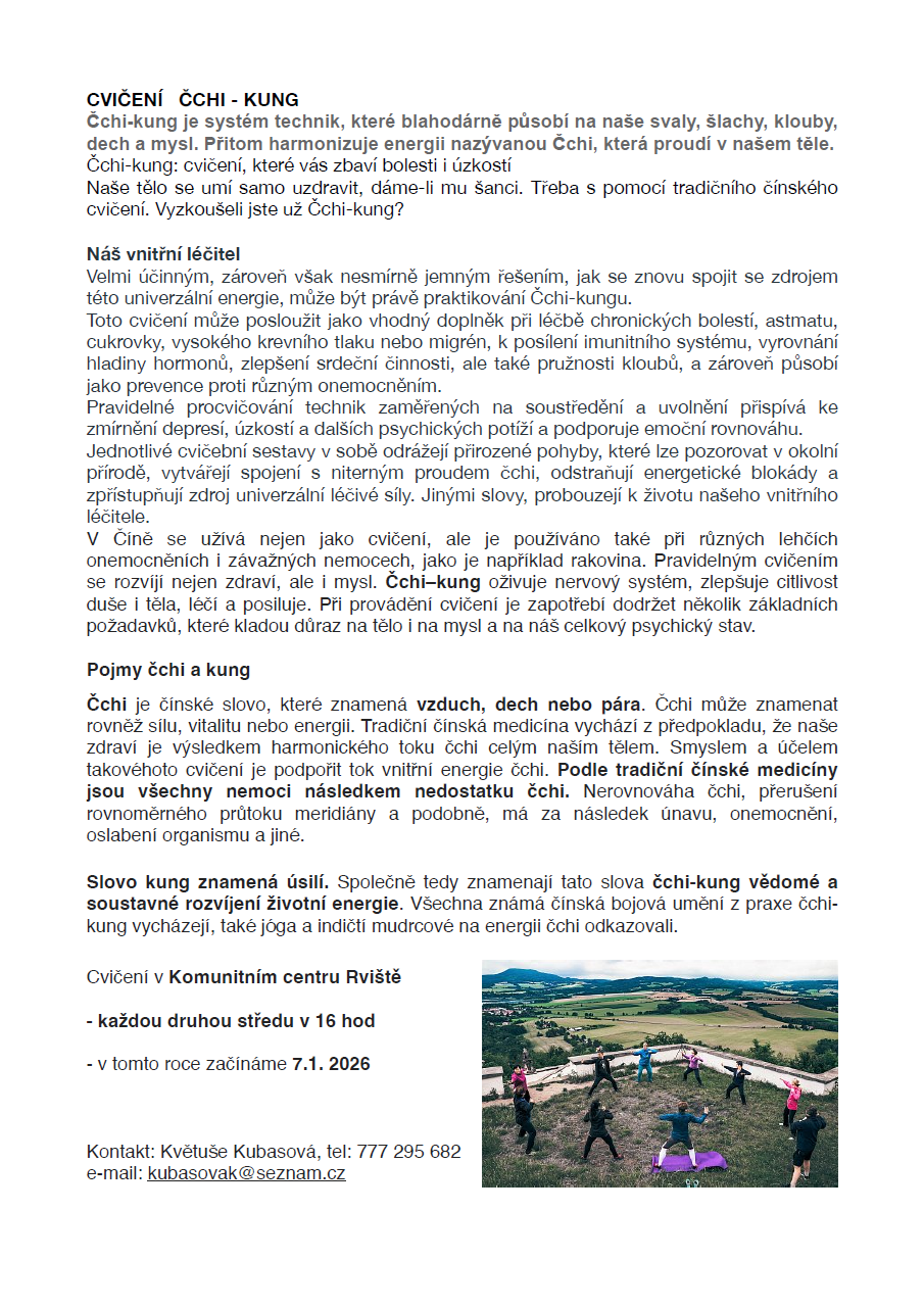 Cvičení KC Rviště paní Kubasová 2026 info