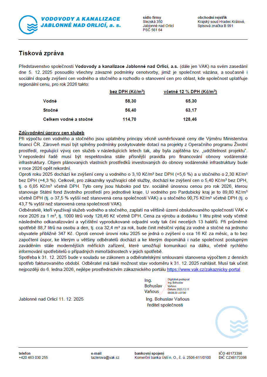 VAK tisková zpráva ceny v roce 2026