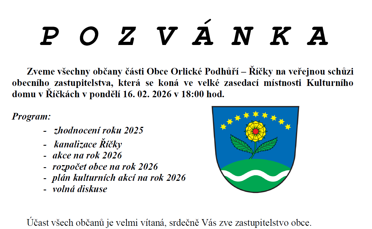 Pozvánka na veřejnou schůzi 16.2.2026 Ř