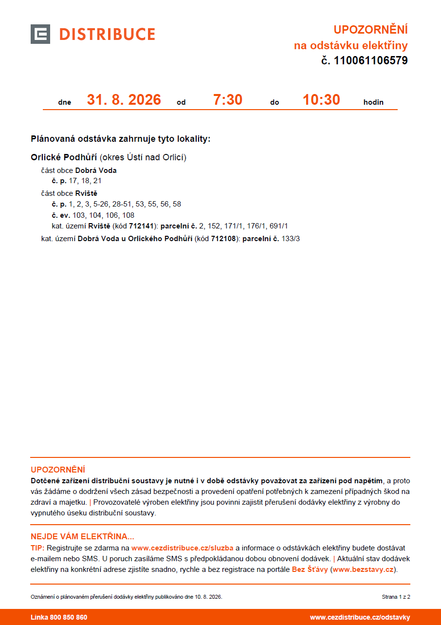 ČEZ oznameni odstávka 31.8.2026 DV a Rviště 1